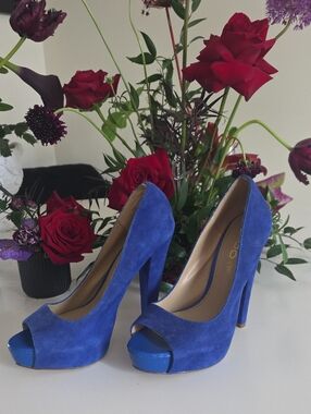 5/25$ Royal Blue Suede Peep-Toe High Heels